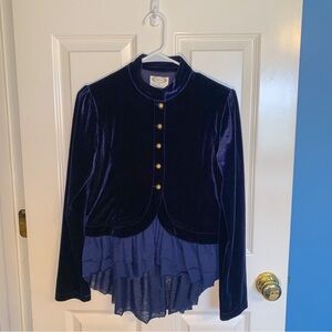 Joyfolie girls’ size 14 navy blue velvet ruffle jacket with gold buttons